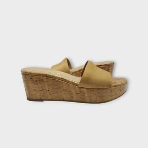 Stuart Weitzman Wedge Heel Suede Sandals Beige Tan Sz 9.5B Modern Summer Slip On